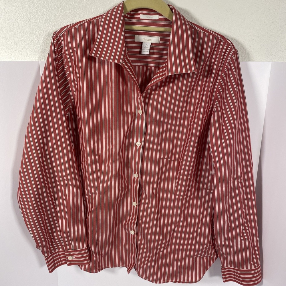 Chico's  No Iron‎ Red Stripe Button Up Women's Blouse Size 2 Q1
